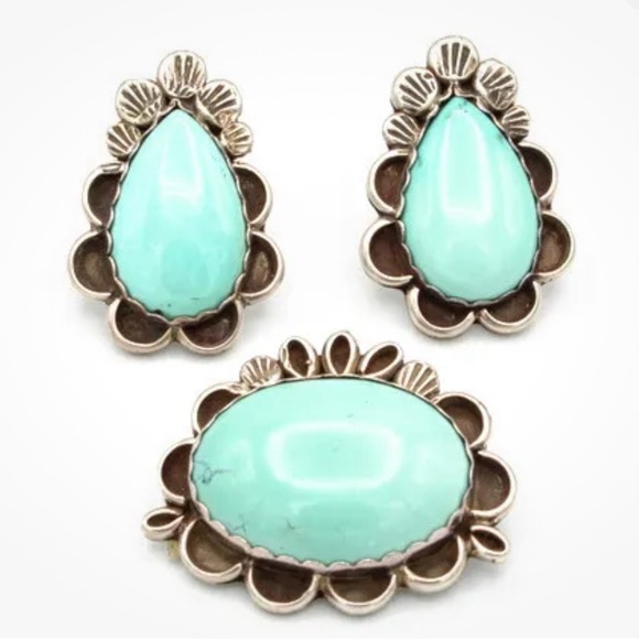 Native American earring and broach with sterling silver and turquoise - Picture 12 of 16